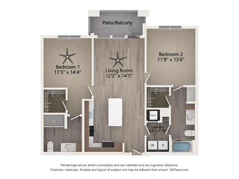 Floor plan for 2 beds, 2 baths, 1061 sqft